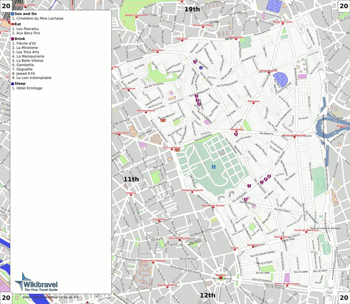 Mappa di 20 ° arrondissement di Parigi